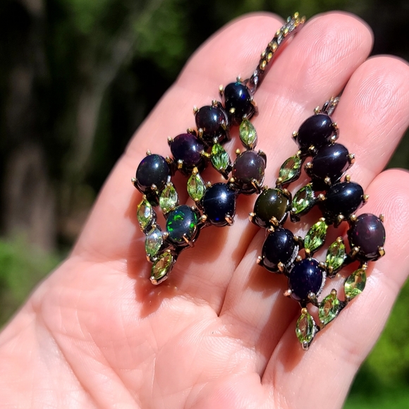 Black Opal & Peridot sterling & Rhodium chandelier earrings - Picture 6 of 13